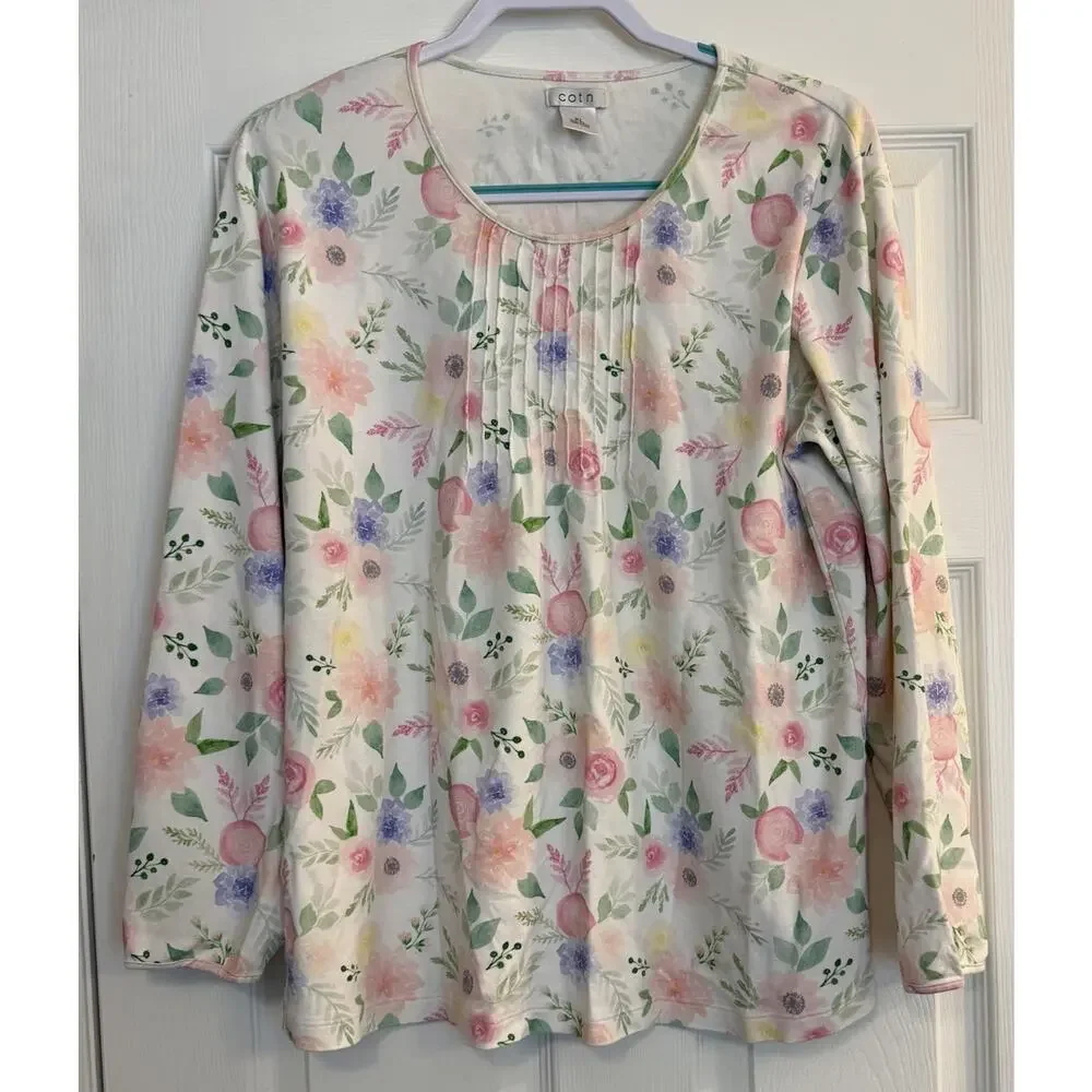 COTN Pajama Top Women XL Long‎ Sleeve White Floral Soft Pleated Grandmacore